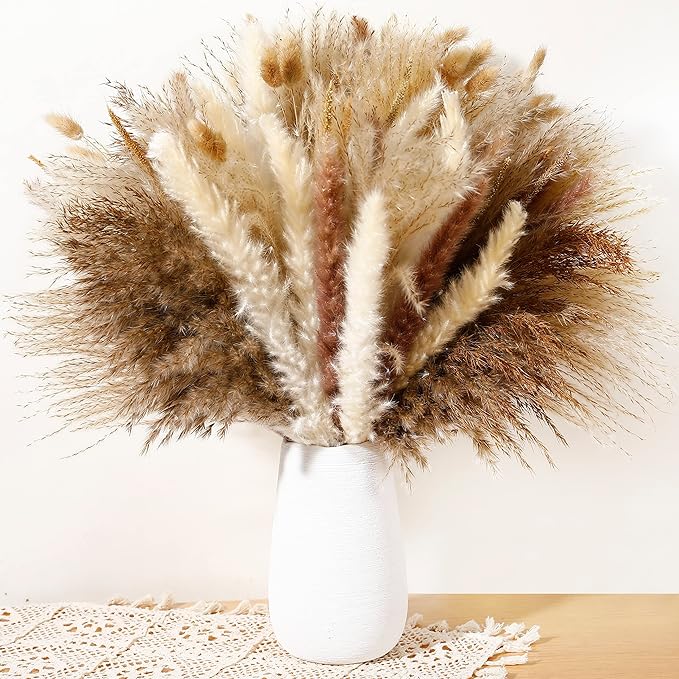 Wertuirk 135Pcs Dried Pampas Grass Decor, Boho Home Decor, Mini Bunny Tails Dried Flowers, Fluffy Pompous Grass Bouquet Bulk for Wedding, Table, Rustic Party, Baby Shower Decorations