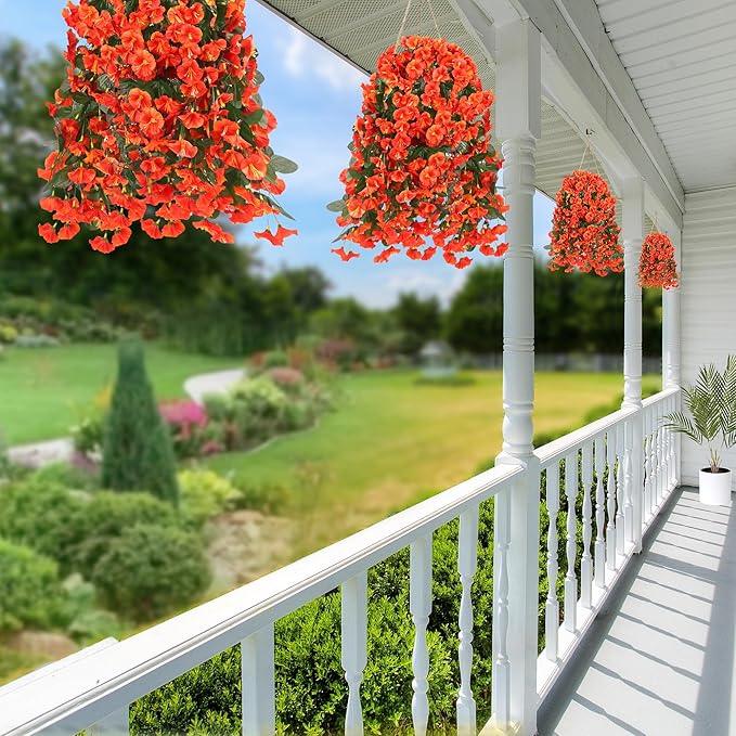 Sggvecsy Artificial Fake Hanging Flowers Plants for Outdoor Outside Spring Summer Decoration 4PCS Faux Silk UV Resistant Realistic Morning Glory Trailing Vines for Home Porch Patio Balcony(Orange)