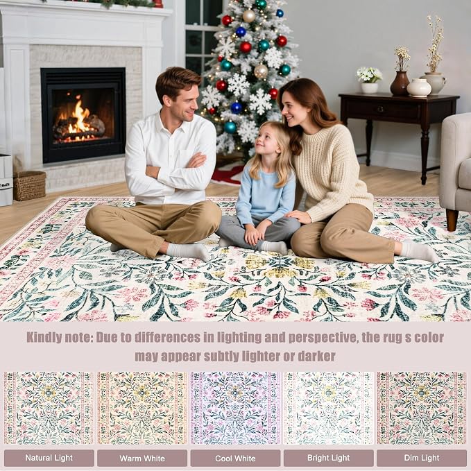 Round Area Rug for Living Room: 6 ft Floral Washable Circle Rug Soft Boho Non-Slip Carpet Indoor Stain Resistant Low Pile Small Circular Rug for Bedroom Entryway Kitchen Nursery Home Office Pink Green