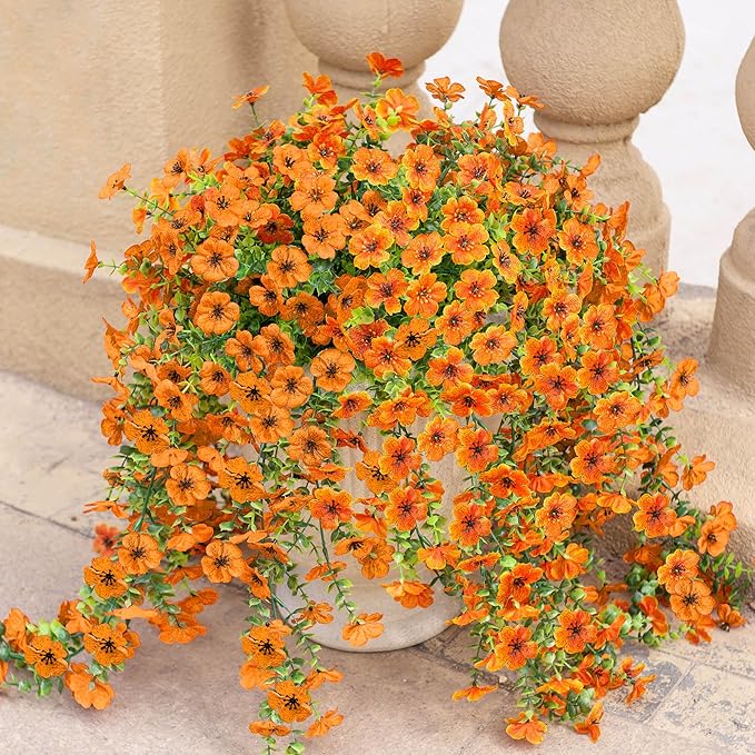 Ammyoo Artificial Hanging Flowers for Outdoors Fake Plants Decoration, 2 Packs Faux Silk Daisy Flower Realistic Outdoor Flowers UV Resistant Porch Patio Window Yard Indoor Spring Decor(Orange)