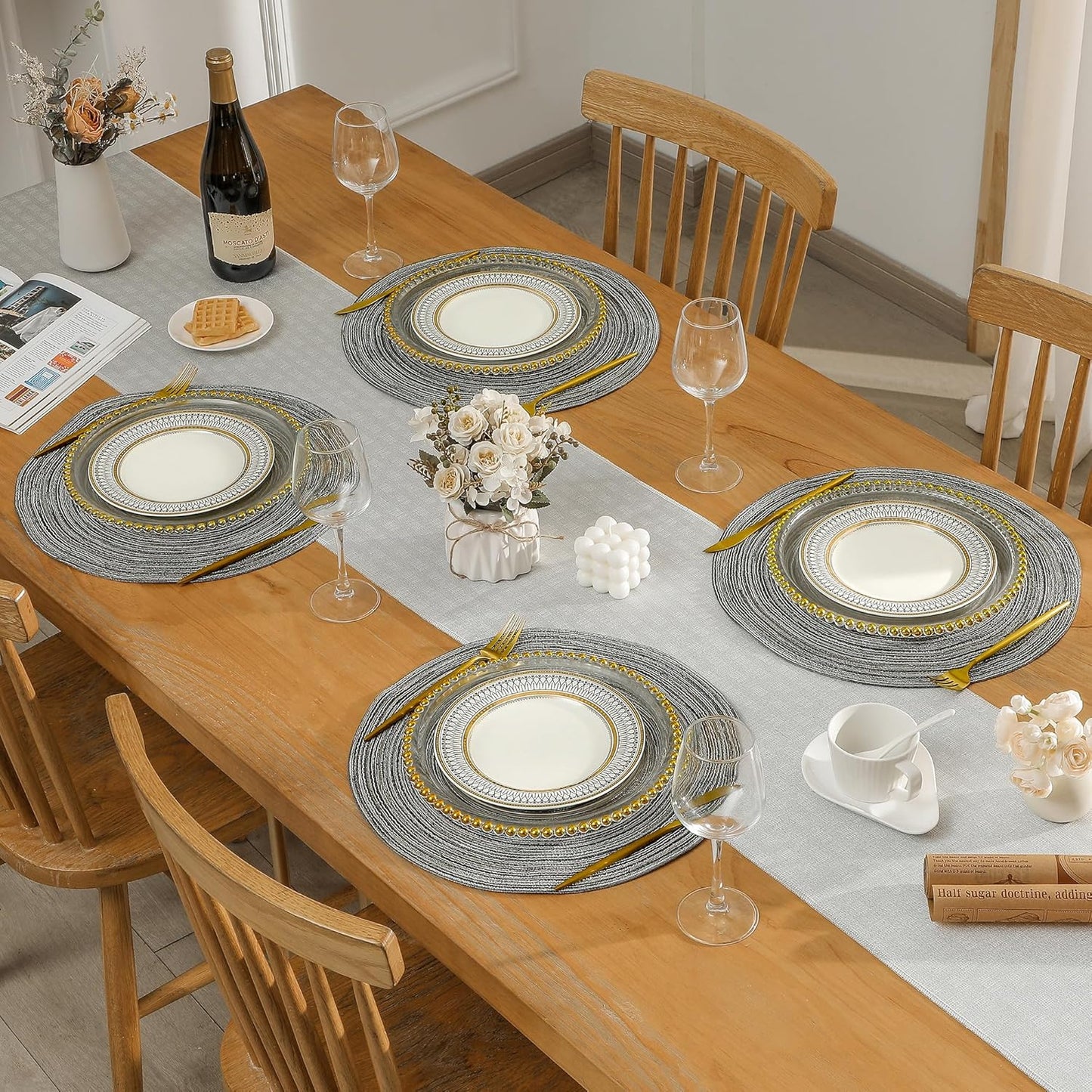 Leetaltree Round Placemats Heat and Slip Resistant Cotton Table Mats, Washable Bohemian Placemats for Dining Tables (Charcoal, Set of 12)