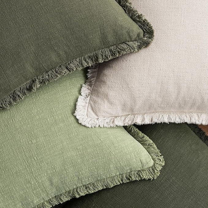 MIULEE Decorative Couch Pillow Covers Neutral Linen Fringe Throw Pillows Set of 4 Boho Farmhouse Soft Accent Cushions for Bed Sofa Living Room Spring Home Decor 20x20 Inch Beige/Sage Green