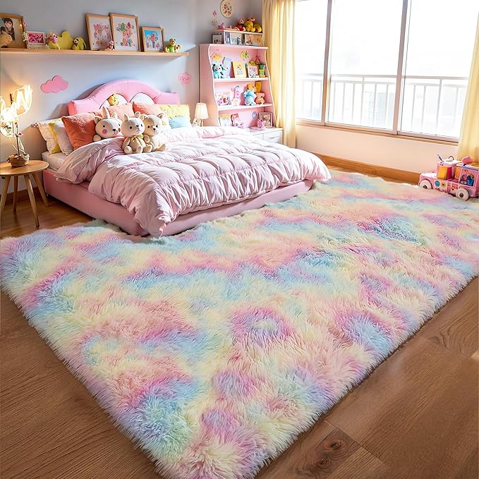 Fluffy 9x12 Large Area Rugs for Girls Bedroom Living Room, Rainbow Soft Washable Shag Carpet for Kids Room, Nursery, Dorm Decor, Colorful Cute Plush Fuzzy Rugs for Baby Toddler