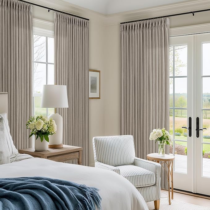 Dark Flax Pinch Pleated Viral Drapes 112 Inches Long 2 Panels for Living Room Dining Sliding Glass Door Luxury Pleat Linen Light Filtering Bedroom Curtain Ceiling Track System Taupe Burlywood 50x112
