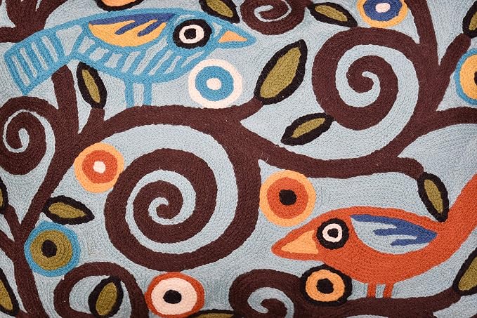 Lumbar Cushion Cover Hand Embroidered Wool 13x21 (Blue Birds Lumbar Pillow Cover)