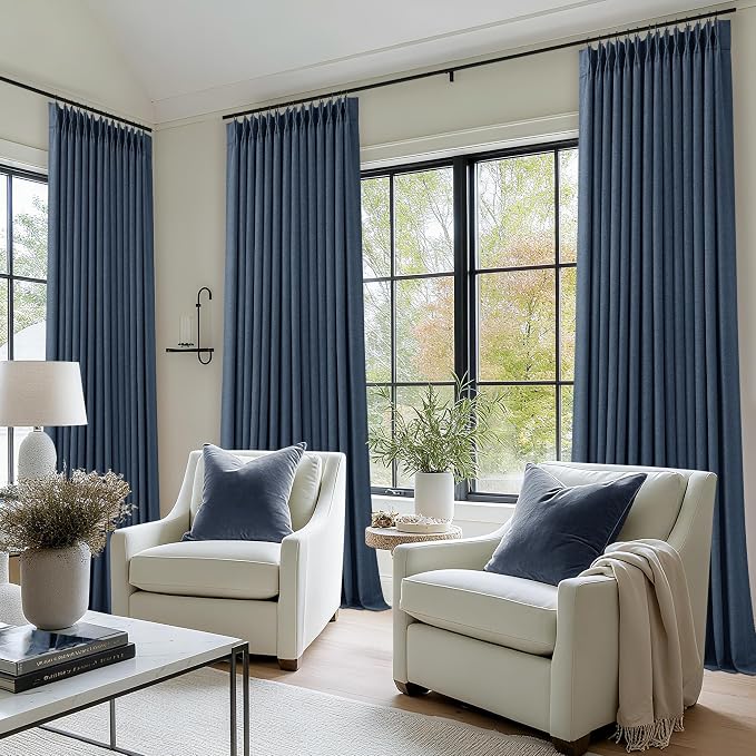 Dark Blue 96 Inch Pinch Pleated Blackout Linen Curtains for Bedroom 2 Panels Memory Trained 100% Black Out Soundproof Room Darkening Navy Window Curtains with Liner Pinch Pleat Drapes