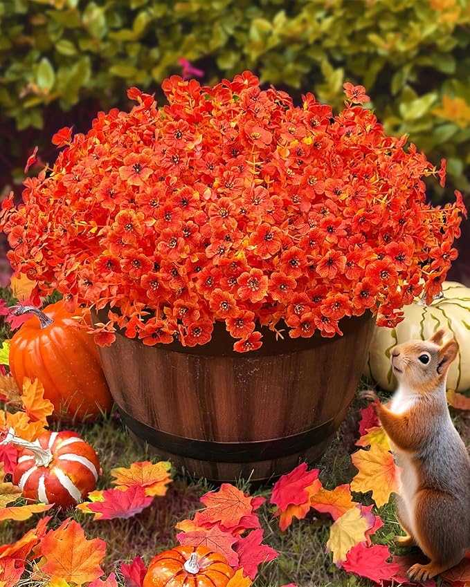 Artificial Fake Mums Flowers for Fall Outdoors Decor, 16 Bundles of Lifelike UV Resistant Orange Silk Daisies – Ideal for Porch, Garden, Yard, Planter, Halloween & Thanksgiving Autumn Decoration