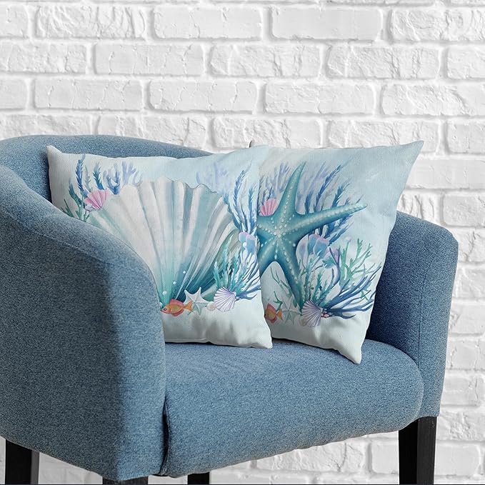 Ocean Themed Coastal Pillow Covers Seashells Starfish Throw Pillow Covers 16x16 Set of 2 Blue Seaweed Coral Pillowcase Double Sided Printing Cushion Case for Patio Outdoor Sofa