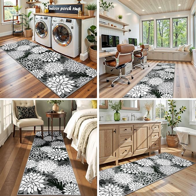 2x6 Washable Runner Rug for Hallway Tropical Botanical Modern Floral Chenille Kitchen Rugs Low Pile Non Slip Carpet for Patio, Bedroom, Laundry, Black