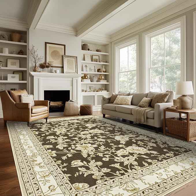 Brown Floral Print Area Rugs for Bedroom Living Room Boho Farmhouse Country Rustic Dining Room Carpet Soft Washable Rugs Non Slip Floor Covering for Nursery Playroom 7x9