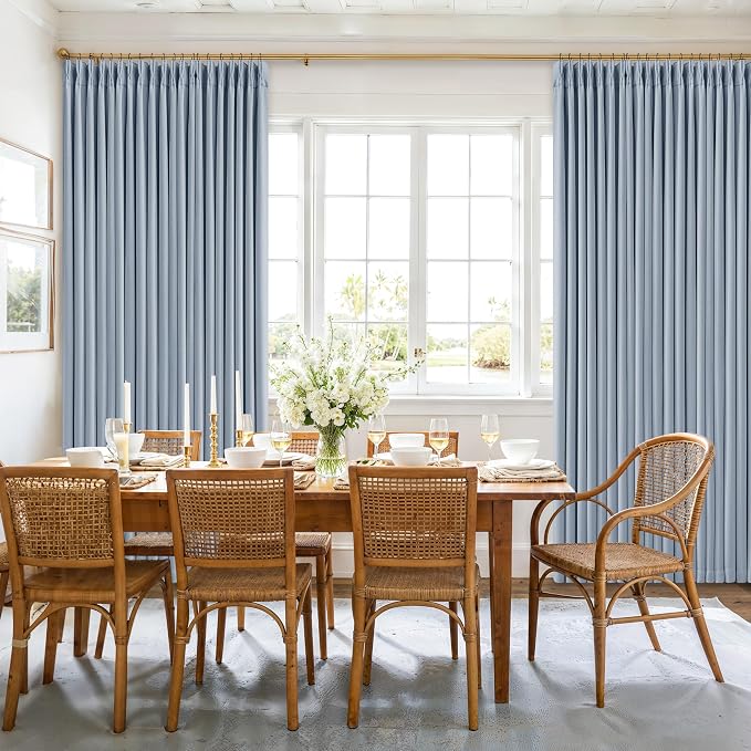 Light Blue Pinch Pleated Thick Linen Curtains 84 Inches Long for Living Room Bedroom Two Layer Blackout Sky Baby Blue Window Curtains Energy Efficient Modern Drapes with Hooks Rings 2 Panels Set