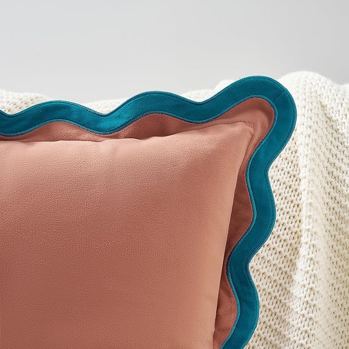 MONDAY MOOSE Decorative Throw Pillow Covers Cushion Cases, Set of 2 Soft Velvet Scalloped Wavy Edge Designs, Mix and Match for Home Decor, Pillow Inserts Not Included (18x18 inch, Teal/Pink)
