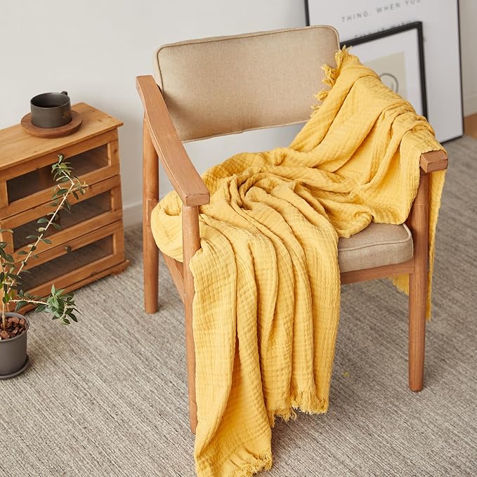 FALUCA Cotton Muslin Throw Blanket 50x60 Inches for Bed, Couch, Knit Woven Gauze Blanket, Soft Lightweight Cozy Breathable Farmhouse Decoration for All-Season, Mustard Yellow