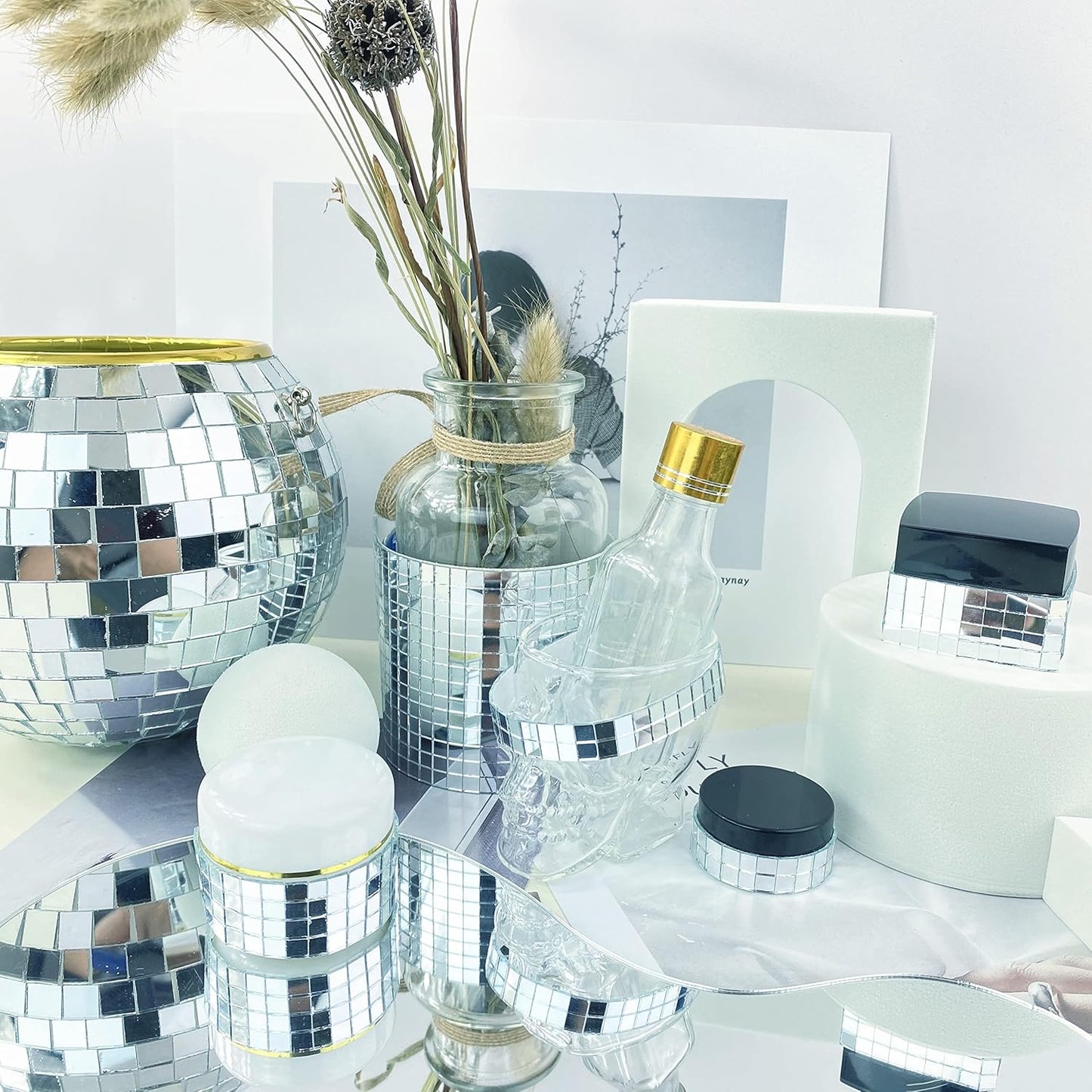 REDODECO Real Glass Silver Mirrors Mosaic Tiles Sticker for Craft Square Glass Tiles Self Adhesive,5mm by 5mm (Silver, 7150PCS)