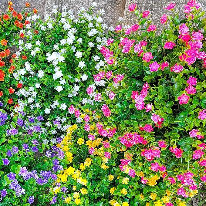Grunyia 12 Bundles Artificial Flowers for Outdoors, UV Resistant Fake Flowers with Plastic Plants, Faux Flowers for Outside Window Box Front Porch Hanging Planter Decor (Pink)