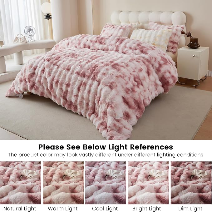 Simple&Opulence Fluffy Faux Fur Comforter Set, Plush Fuzzy Minky Bedding Set, 3 Pieces Warm Soft Comforter Bedding Set for Winter - 1 Shaggy Comforter with 2 Pillow Shams(King, Pink)