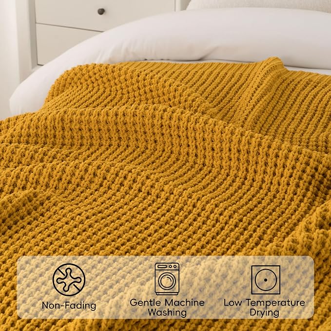Bunnikins & Clover Knitted Waffle Throw Blanket 50x60 Inches, Mustard Yellow Throw Blanket for Couch, Soft Cozy Chenille Knit Blanket Warm Decorative Throw for Sofa