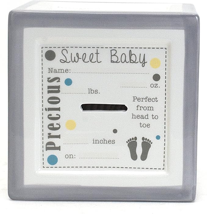 Child to Cherish New Baby Keepsake Piggy Bank, A Block to Grow On, Grey
