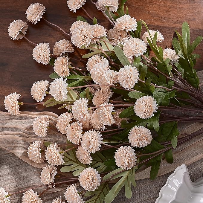 Waipfaru 10pcs Fake Silk Pompon Mum Artificial Flowers, Bulk Faux Mini Chrysanthemums, for Centerpieces Wedding Fillers Champagne Arrangements Boho Decor, No vase, Beige