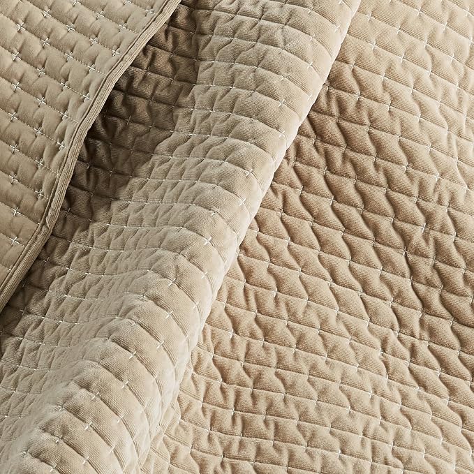 Levtex Home - Velvet Stitch - Throw - Cross Stitch Velvet - Taupe with White - Quilt (50x60in.) and Sham 50x60in. - Polyester