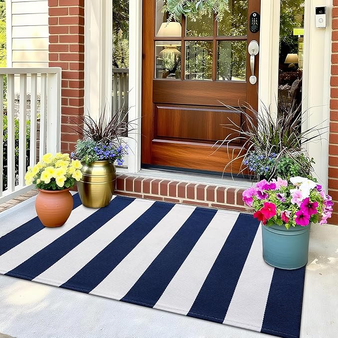OLANLY Navy and White Striped Rug 2'4" x 3'7" (27.5" x 43") – Washable Cotton Indoor Outdoor Doormat for Front Door, Entryway, Kitchen, Porch, Patio Decor