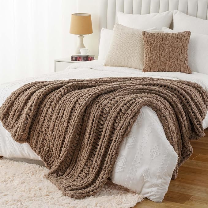 Battilo Chunky Knit Throw Blanket for Couch, 50"x60",Taupe | Hand Knit with Chunky Chenille Yarn, Chenille Blanket, Cozy Warm Thick Soft knitted Blanket for Bed, Sofa, Living Room