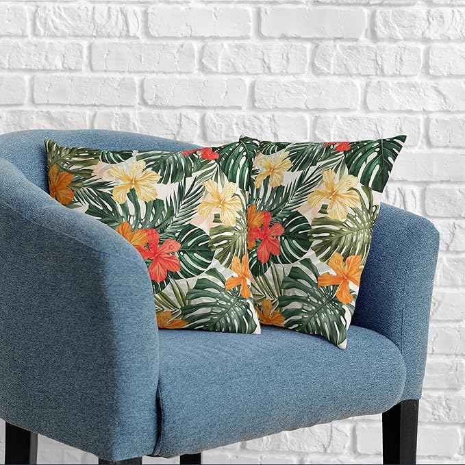 Hawaiian Hibiscus Flower Throw Pillow Covers Summer Tropical Pillow Covers 18x18 Monstera Palm Leaves Decorative Pillow Case Set of 2 for Home Decor Living Room Patio