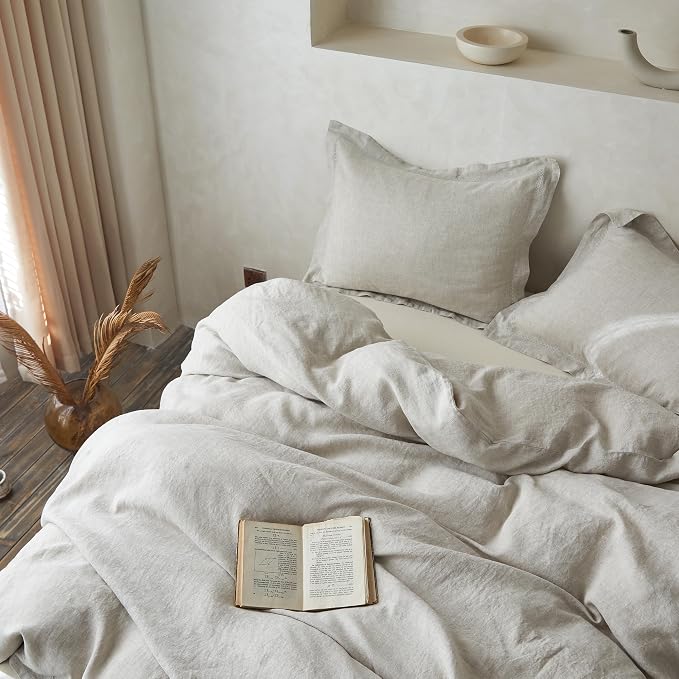 Simple&Opulence 100% Linen Duvet Cover Set with Crossed Embroidery Washed - 3 Pieces (1 Duvet Cover with 2 Pillow Shams) Soft Breathable Farmhouse - Linen, Queen Size