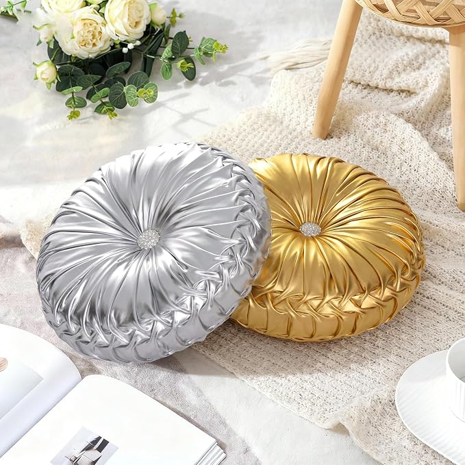 HIG Set of 2 Handcrafted Gold Ruched Round Throw Pillows – 14.5’’ Metallic Leather Decorative Pillows with Soft Polyester Filling for Couch, Bed, Living Room, Bedroom, or Dorm