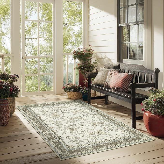 Floral Boho Rug 4x6 Washable Non Slip Area Rug Bohemian Carpet Door Mat Taupe Beige Tan Floral Distressed Modern Farmhouse Sketch Style Flower for Bedroom Foldable 4x6 for Entryway Living Room