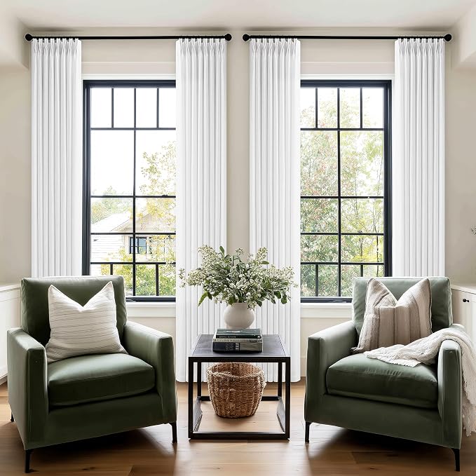 Thick Linen Semi Sheer Curtains 96 Inches Long for Living Room Bedroom Light Filtering White Textured Pinch Pleated Curtains 96Inch Length Hooks Rings Back Tab for Sliding Door 50x96 1 Panel 8 FT