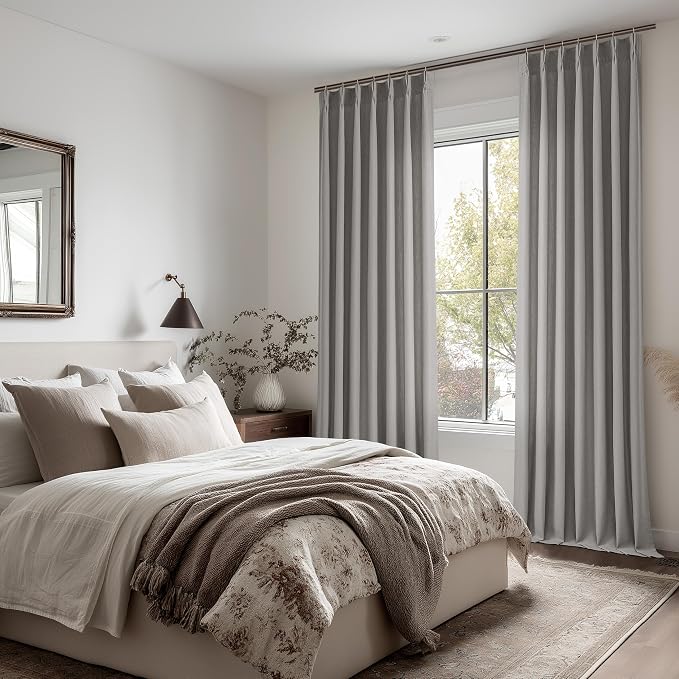 Grey Pinch Pleated Semi Sheer Curtains 63 Inch Length for Living Dining Room Kitchen Linen Blend Light Filtering Pinch Pleat Linen Drapes Back Tab 2 Panels Bedroom Gray Window Curtains 40x63