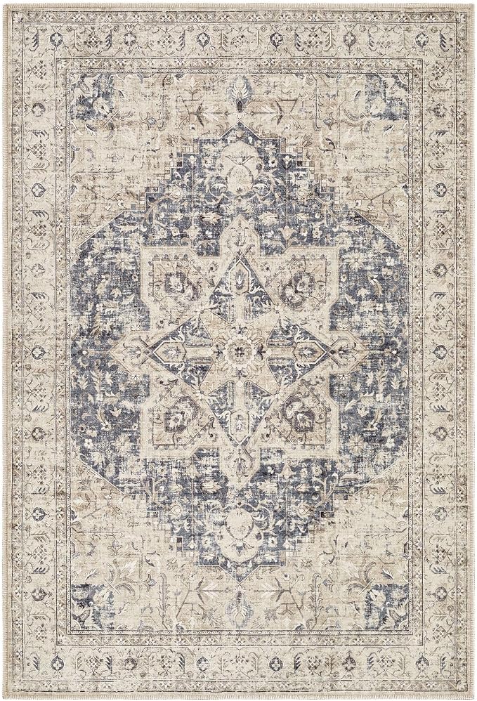 Tortania Area Rug 2x3 Doormat - Washable Vintage Oriental Farmhouse Soft Thin Indoor Carpet for Living Room Bedroom Hallway Entryway Kitchen - Cream/Blue