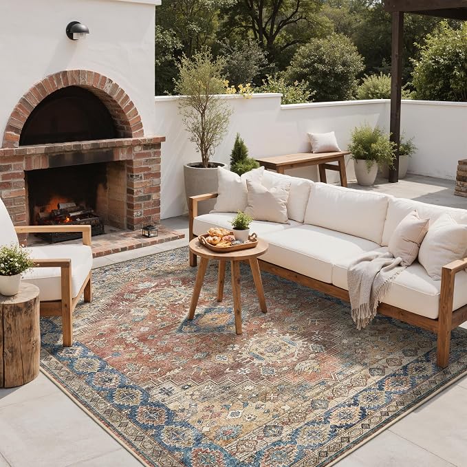 GENIMO Outdoor & Indoor Area Rug 5'x8', Waterproof, Non-Shedding, Easy Cleaning, Boho Mat for Patio, Living Room, Balcony, Dining Room, RV, Deck, Bedroom, Camping, Outside Carpet,Antique Red