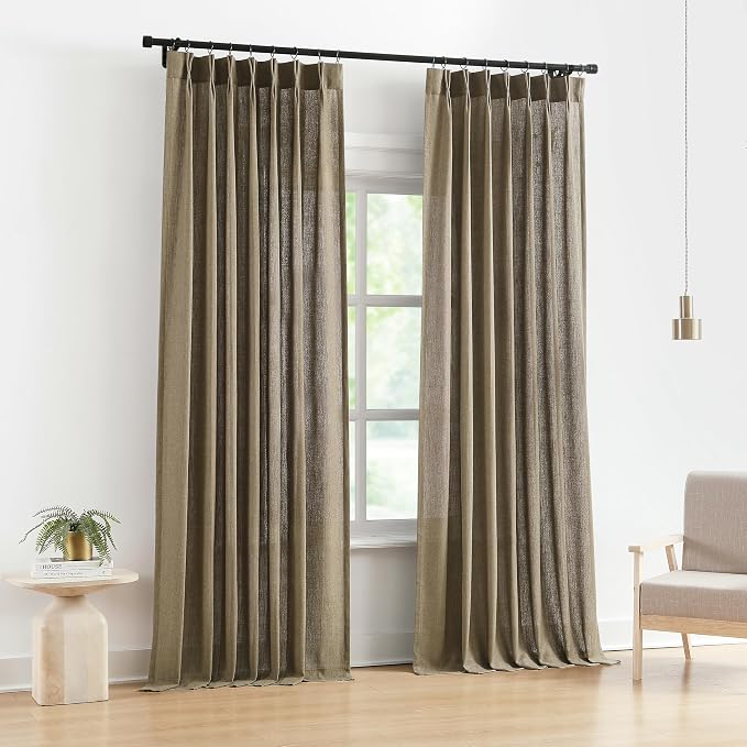 Vision Home Brown Pinch Pleated Light Filtering Curtains with Microfiber Liner 84 inch Linen Blended Textured Privacy Drapes for Living Room Bedroom Back Tabs with Hooks 2 Panels 40" Wx84 L