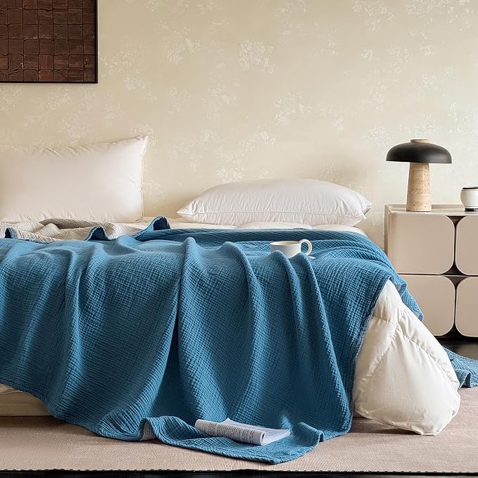 FALUCA Cotton Muslin Cooling Reversible Blanket Queen Size for Bed, Couch, Four Layers Blanket, Soft Lightweight Cozy Breathable Farmhouse Decoration for Summer, Light Blue