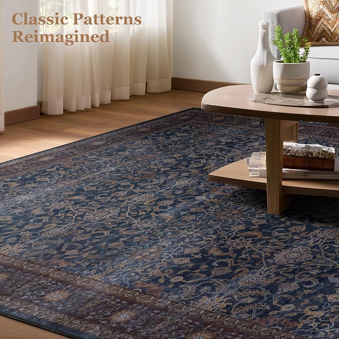 Dark Blue 5x8 Washable Area Rugs, Low Pile Thin Print Living Room Bedroom Rug Non Slip, Vintage Maximalist Carpet Rugs for Dining Room Home Office Old Money Aesthetic