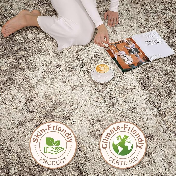 8x10 Area Rugs Living Room: Washable Boho Large Neutral Vintage Soft Rug Stain Resistant Farmhouse Non Slip Indoor Floor Carpet for Bedroom Nursery Kids Playroom Office Dining Room- Tan