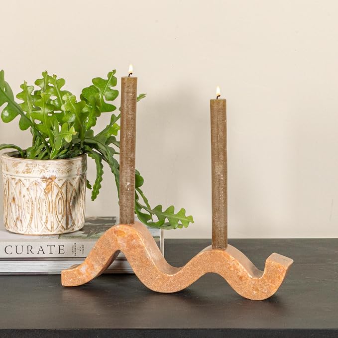 Bloomingville Marble Wave Double Taper Candle Holder, Pink