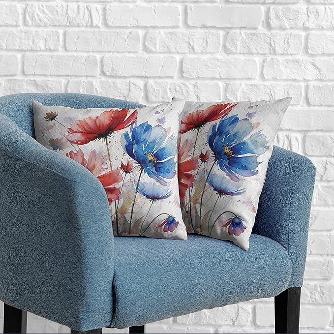 16x16 Spring Summer Floral Throw Pillow Covers Set of 2 Red Blue Daisy Pillow Covers Flower Linen Farmhouse Pillow Covers for Living Room Home Decor Outdoor