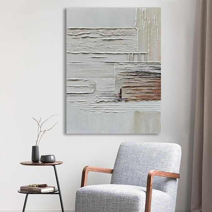Hand-Painted Thick Texture Art Oil Painting in White and tan Abstract Art Painter House Wall Deco Art 40x28 inches
