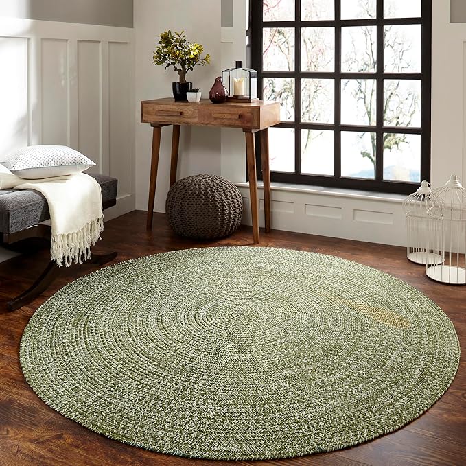 Superior Indoor/Outdoor Area Rug, Dual-Tone Reversible Braided Floor Decor for Patio, Front Porch, Entryway, Living Room, Office, Nursery, Artistic Home, 4' Round, Green-White