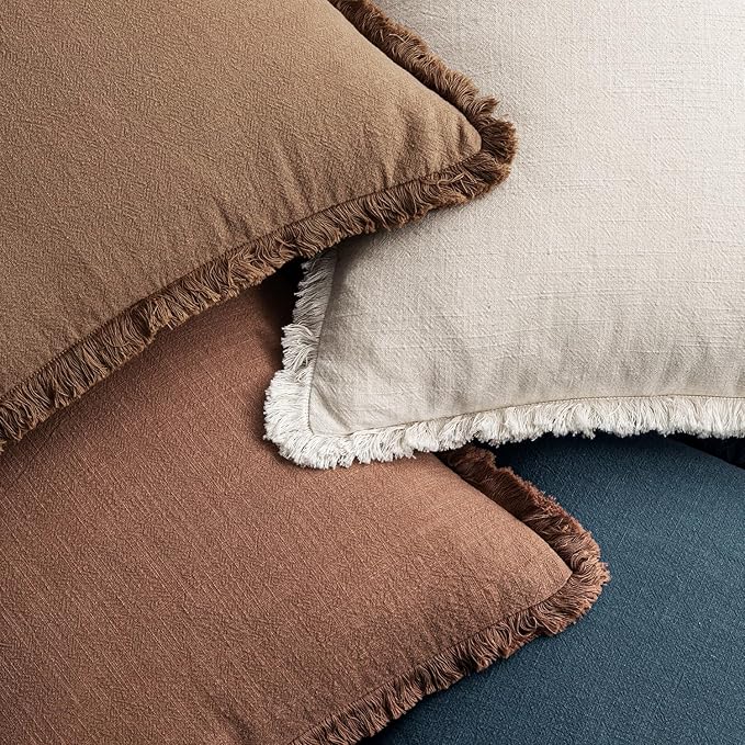 MIULEE Decorative Couch Pillow Covers Neutral Linen Fringe Throw Pillows Set of 4 Modern Rustic Cushions Boho Farmhouse Pillowcases for Bed Sofa Living Room Spring Decor 18x18 Inch Beige/Brown/Blue