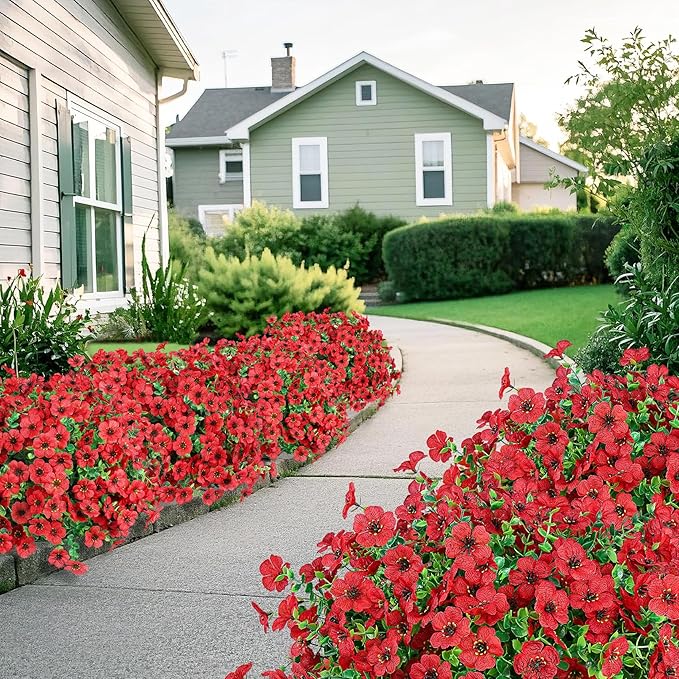 Ouddy Decor 12 Bundles Artificial Flowers for Outdoors Fake Silk Flowers UV Resistant Faux Plastic Plants for Spring Summer Garden Porch Window Box Table Vase Home Indoor Outdoor Decoration, Red