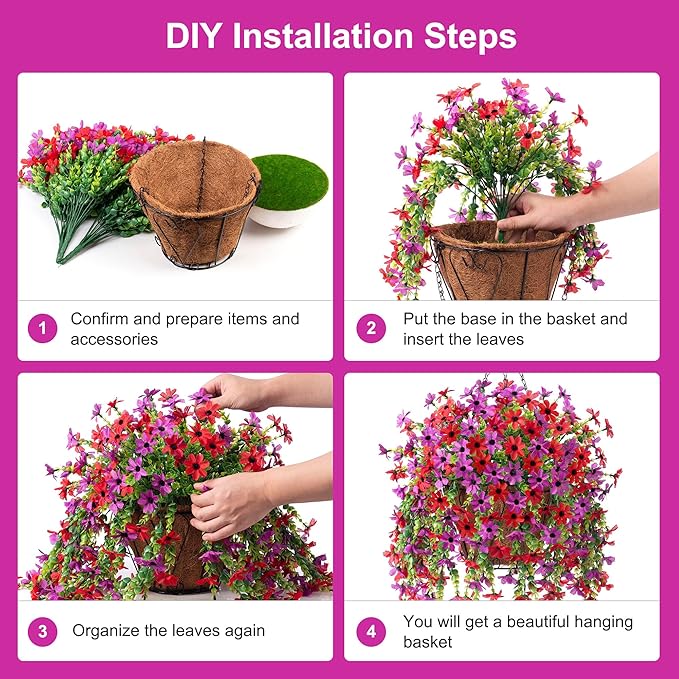 INXUGAO Artificial Hanging Flowers Plants with Basket for Outdoors, Realistic Faux Silk Daisy Flower Eucalyptus for Spring Decor, UV Resistant Fake Plants for Porch Patio Yard Balcony(Red Purple)