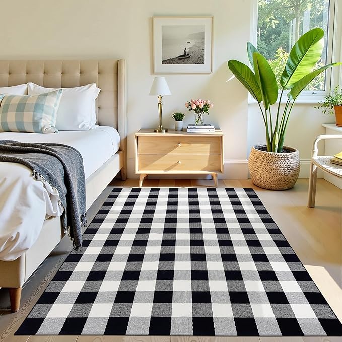 OLANLY Buffalo Plaid Rug 5' x 7' – Black and White Cotton Checkered Doormat, Washable Indoor Outdoor Rug for Layered Front Porch, Kitchen, Entryway Decor