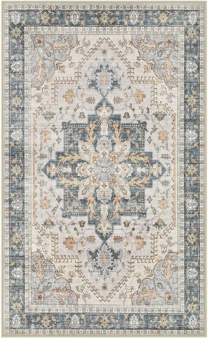Tortania Area Rug Living Room Rugs - 3x5 Washable Rug Vintage Oriental Distressed Farmhouse Small Thin Indoor Carpet for Living Room Bedroom Under Dining Table Home Office - TealTaupe
