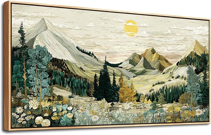 XIGUANGART Mountain Framed Wall Art,Large Canvas Wall Art - Floral Abstract Painting Decor, Vintage Flower Pictures,Modern Farmhouse Landscape Art Prints for Living Room Bedroom Office Home Decoration