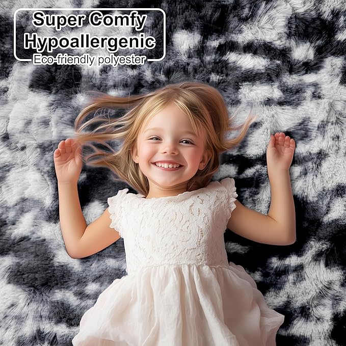 PAGISOFE Black White Rugs for Living Room 6x9, Shag Fuzzy Fluffy Rugs for Bedroom Kids Room Playroom Dorm Shaggy Soft Carpet for Home Decor Aesthetic Plush Bedside Rug Modern Grey Rug