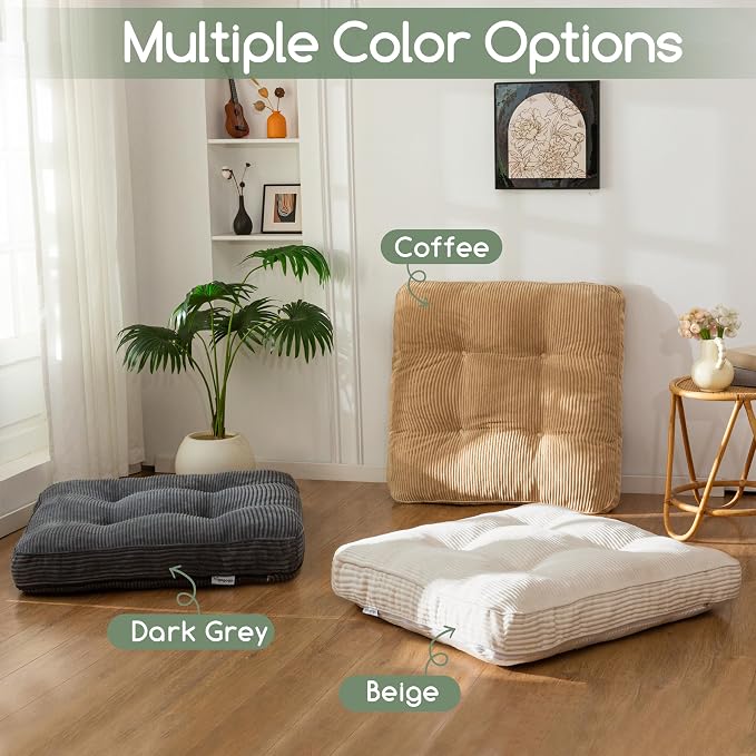 HIGOGOGO 35" Floor Pillow Cushion for Adults, Meditation Cushion Pillow, Extra Large Square Floor Sitting, Tufted Corduroy Cover for Tatami Living Room or Yoga, Beige